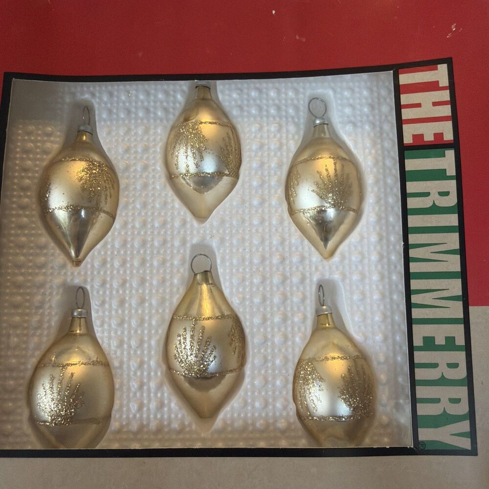 6 Vintage Blown Glass Gold Teardrop Ornaments Small Gold Glitter Christmas